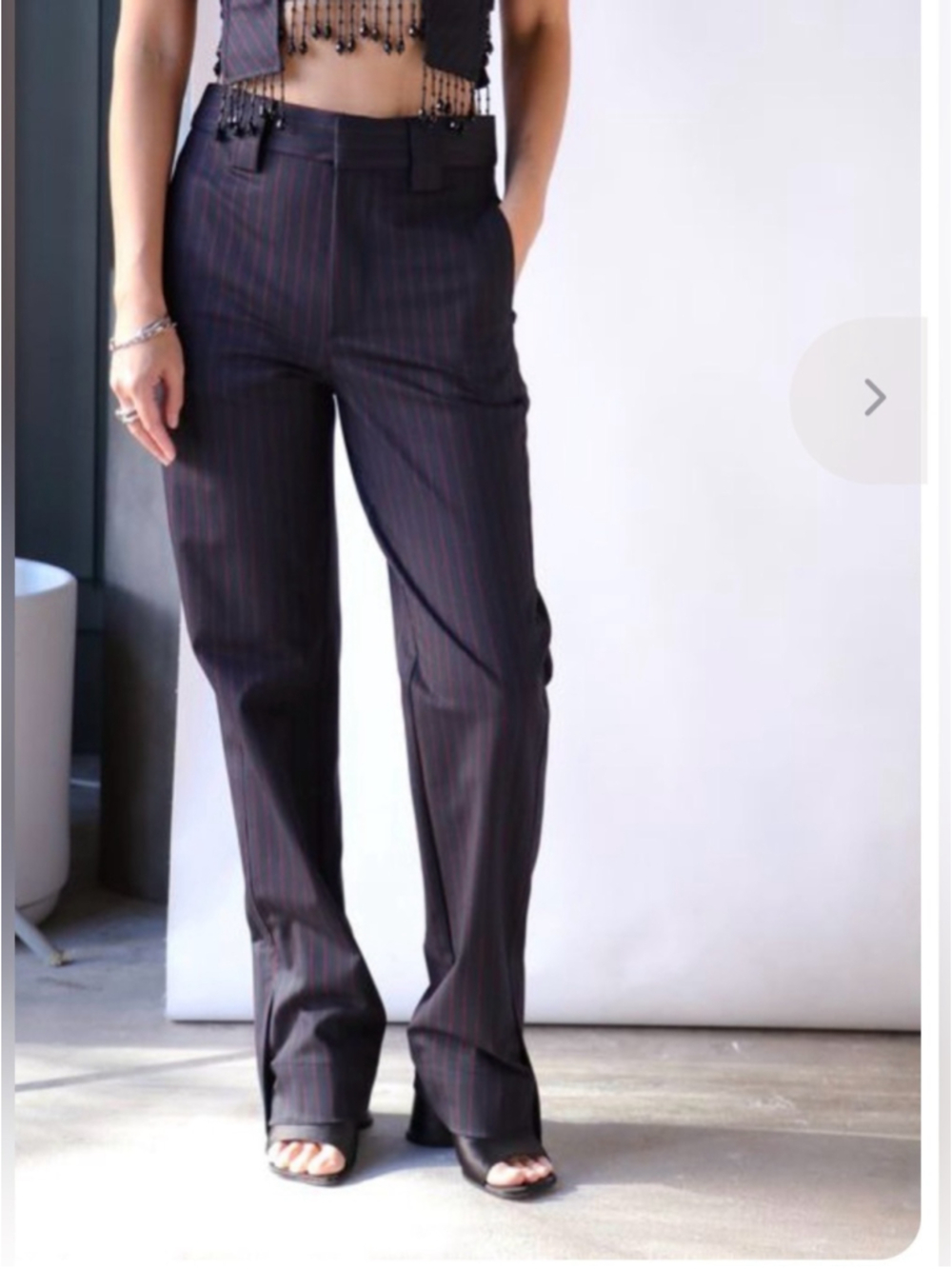 Ganni Pinstripe Side Suit Trousers Navy Red Stripe Tailored High Rise Size 36